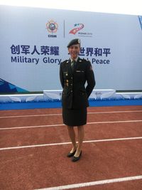 Renate tijdens de Military World Games 2019 Wuhan, China. Renate was daar ivm met haar nevenfunctie CSC member (CISM Sport Committee) / Technische jury van de military Pentathlon.